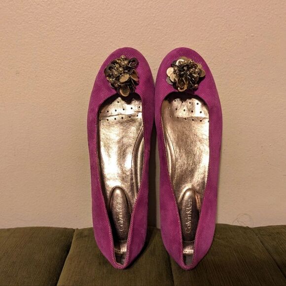Calvin Klein Magenta Fuchsia Purple Maxee Genuine Suede Beaded Ballets Flats - Picture 3 of 12